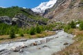 Fast mountain river Feevispa flows from Spielboden towards Saas-Fee village and Saas valley Royalty Free Stock Photo