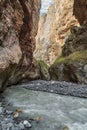 A fast mountain river flows into a mountain gorge. Nature wallpaper