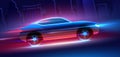 Fast car with blue and red neon lights running at high speed on a downtown city vector background. Royalty Free Stock Photo