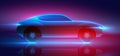 Fast moving car with blue and red glowing neon lights running at high speed, vector illustration Royalty Free Stock Photo