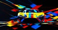 fast moving car on the road. Abstract design of yellow-blue-red circles Royalty Free Stock Photo