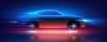 Fast moving car with blue and red glowing neon lights running at high speed, vector illustration Royalty Free Stock Photo