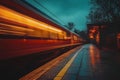 A fast-moving train speeds past a deserted nighttime train station platform, illuminated by warm lights Royalty Free Stock Photo