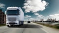 Fast moving truck with full lighting on a motorway with port for container ships. Water, cranes and warehouses with an imposing