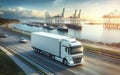 Fast moving truck on a motorway with port for container ships. Water, cranes and warehouses with an imposing sky