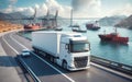 Fast moving truck on a motorway with port for container ships. Water, cranes and warehouses with an imposing sky