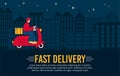 Fast night delivery service banner with courier man riding a scooter Royalty Free Stock Photo
