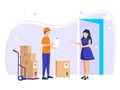 Fast online delivery. Couriers deliver goods or postal packages to the customer`s house. Vector illustration in flat style