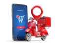 Fast online express delivery concept. Red scooter with delivery bag and mobile app on the screen of smartphone