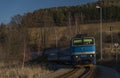 Fast passenger expres train in Kajov station in south Bohemia
