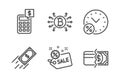 Fast payment, Sale and Loan percent icons set. Calculator, Bitcoin system and Payment methods signs. Vector