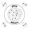Fast pizza delivery by drone quadcopter icon in black and white style flat lay