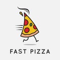 Fast pizza logo. Running pizza slice on background