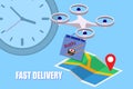 Fast quadcopter delivery sushi in a package, food delivery concept illustration, quadcopter control, delivery anywhere in the city