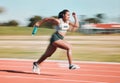 Fast, race and athlete running relay sprint in competition or fitness game or training for energy wellness on a track