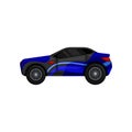 Fast racing car with large tires, tinted windows, blue and gray body. Sports automobile. Flat vector element for mobile
