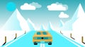 A fast racing sports yellow car rides a trip to the mountains along the road against a background of blue mountains, sun and cloud