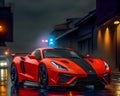 Fast red and black sports car on wet street in the city Royalty Free Stock Photo