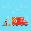 Fast red delivery vehicle car van and boy character with clipboard and trolley and boxes on it flat style design vector illustrati