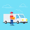 Fast red delivery vehicle car van and man character with box flat style design vector illustration isolated on white background. Royalty Free Stock Photo