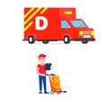 Fast red delivery vehicle car van and man character with clipboard and trolley and boxes on it flat style design vector illustrati