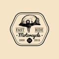 Fast Ride biker store logo. Motorcycle club sign. Garage label. Vector illustration of hand drawn helmet with glasses. Royalty Free Stock Photo