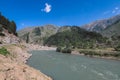 Fast River and Green Mountain Forest under the Blue Sky in Gilgit Baltistan Highlands Royalty Free Stock Photo