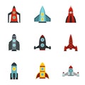 Fast rockets icons set, flat style