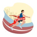 A fast runner crosses the finish line. Winner of a running competition. Athletics. Motivational banner, web page. Vector