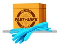 Fast and safe delivery sign or concept picture with cardboard box, label and rubber or latex gloves for remote sale and Royalty Free Stock Photo