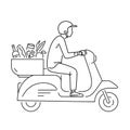Fast scooter grocery delivery concept. Food and other shipping service for websites. Vector illustration. Line art style