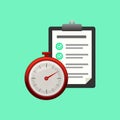 Fast service. Stopwatch with checklist and completed tasks isolated on blue background