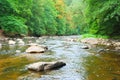 Fast shallow river flowing through a green valley