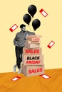 Fast shipment concept of black friday sales collage young guy received pile packages satisfied free coupons isolated on Royalty Free Stock Photo