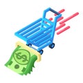 Fast shopping icon isometric vector. Moving shopping cart and dollar banknote