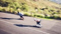 Fast skateboard, road and people on mountain training, competition or crazy adventure in sports challenge. Speed, motion Royalty Free Stock Photo