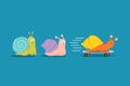 Fast and slow snails. Snail with wheels overtakes others in race. Competitive advantages business vector concept Royalty Free Stock Photo