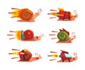 Fast Snails as Funny Mollusk Character with Turbo Rocket Speed Booster Vector Set