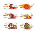 Fast Snails as Funny Mollusk Character with Turbo Rocket Speed Booster Vector Set