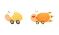 Fast snails set. Funny happy smiling mollusk characters riding on wheels vector illustration Royalty Free Stock Photo