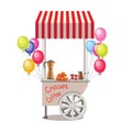 Fast street food caravan trailer with colorful balloons. Colorful vector illustration, cute style, isolated on white background. K Royalty Free Stock Photo