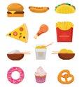 Fast Street Food Lunch Or Breakfast Meal Set. Fast Food Icons. Cheeseburger, French Fries, Fried Crispy Chicken Leg