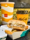 Fast street food meal set. Fast food icons. burger, french fries, tea, mcdonalds.