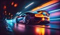 Fast supercar driving at high speed, with stunning neon lights city glowing in the background. Motion blur effect speed Royalty Free Stock Photo