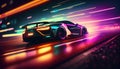 Fast supercar driving at high speed, with stunning neon lights city glowing in the background. Motion blur effect speed Royalty Free Stock Photo