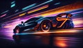 Fast supercar driving at high speed, with stunning neon lights city glowing in the background. Motion blur effect speed Royalty Free Stock Photo