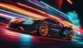 Fast supercar driving at high speed, with stunning neon lights city glowing in the background. Motion blur effect speed