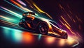 Fast supercar driving at high speed, with stunning neon lights city glowing in the background. Motion blur effect speed Royalty Free Stock Photo