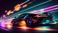 Fast supercar driving at high speed, with stunning neon lights city glowing in the background. Motion blur effect speed Royalty Free Stock Photo