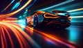 Fast supercar driving at high speed, with stunning neon lights city glowing in the background. Motion blur effect speed Royalty Free Stock Photo